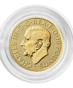 Obverse of 2025 1/10 oz Gold Britannia Coin in capsule – King Charles III portrait with £10 denomination