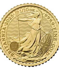 2025 1/10 oz Gold Britannia Coin reverse – Britannia with trident and Union Flag shield, 999.9 fine gold