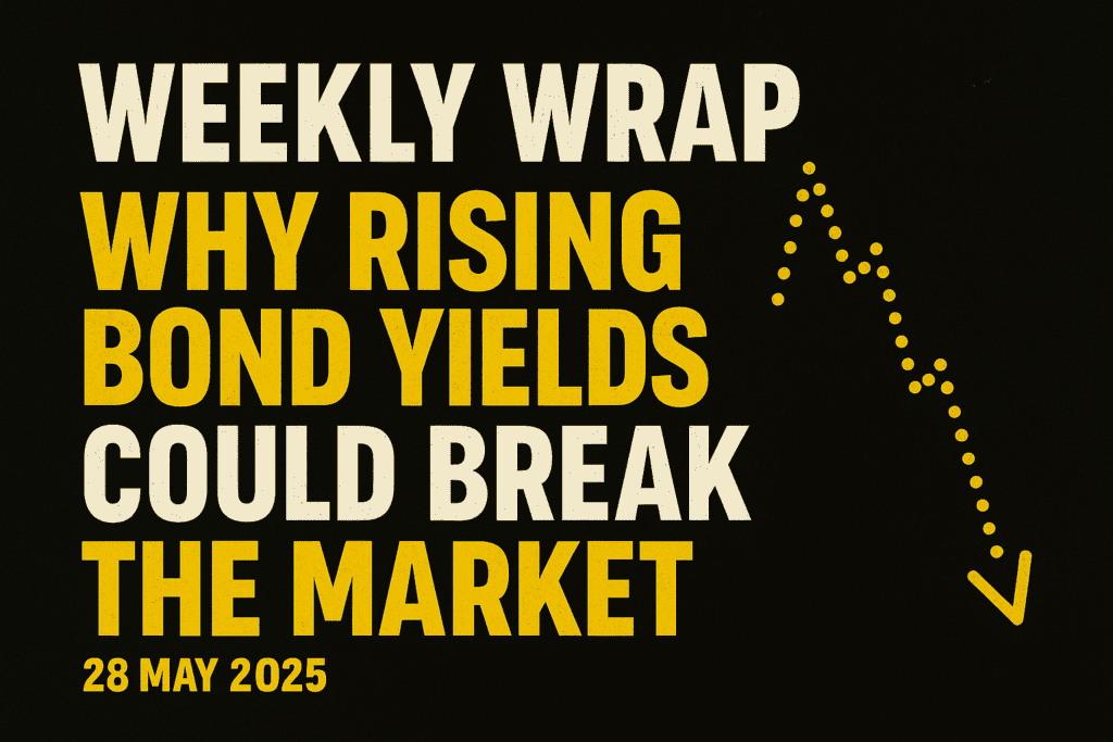 Bold graphic with black background and gold/yellow text reading “WEEKLY WRAP – Why Rising Bond Yields Could Break the Market,” highlighting the financial theme of the Gold Survival Guide’s 28 May 2025 edition.