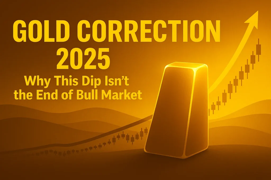 A glowing gold bar stands upright in front of a rising candlestick chart and curved trendline, with bold yellow text reading "Gold Correction 2025 – Why This Dip Isn’t the End of Bull Market" set against a golden sunrise gradient background.