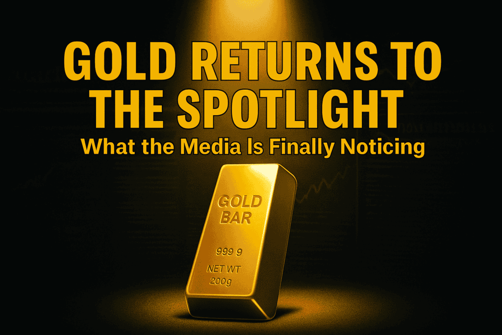 A spotlighted gold bar labeled “GOLD BAR 999.9” sits center stage with bold yellow text above reading “Gold Returns to the Spotlight” and subheading “What the Media Is Finally Noticing”