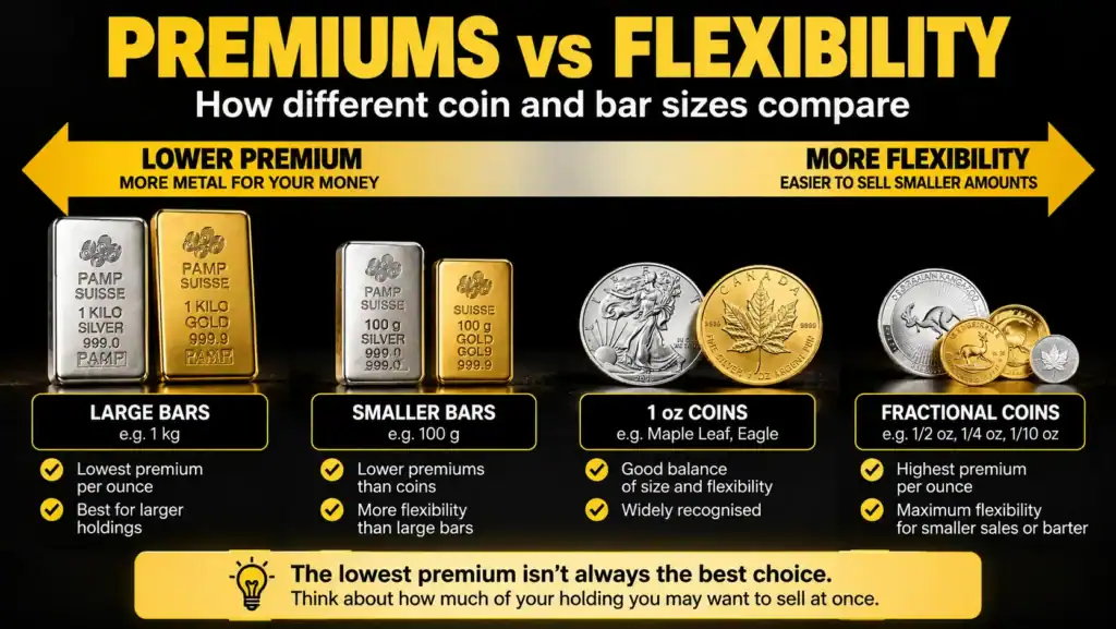 Premium versus flexibility comparison showing large bars, smaller bars, one-ounce coins and fractional coins