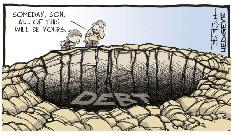 Cartoon of a father and son looking into a deep hole labeled “DEBT.” Caption reads, “Someday, son, all of this will be yours,” highlighting the generational burden of national debt.