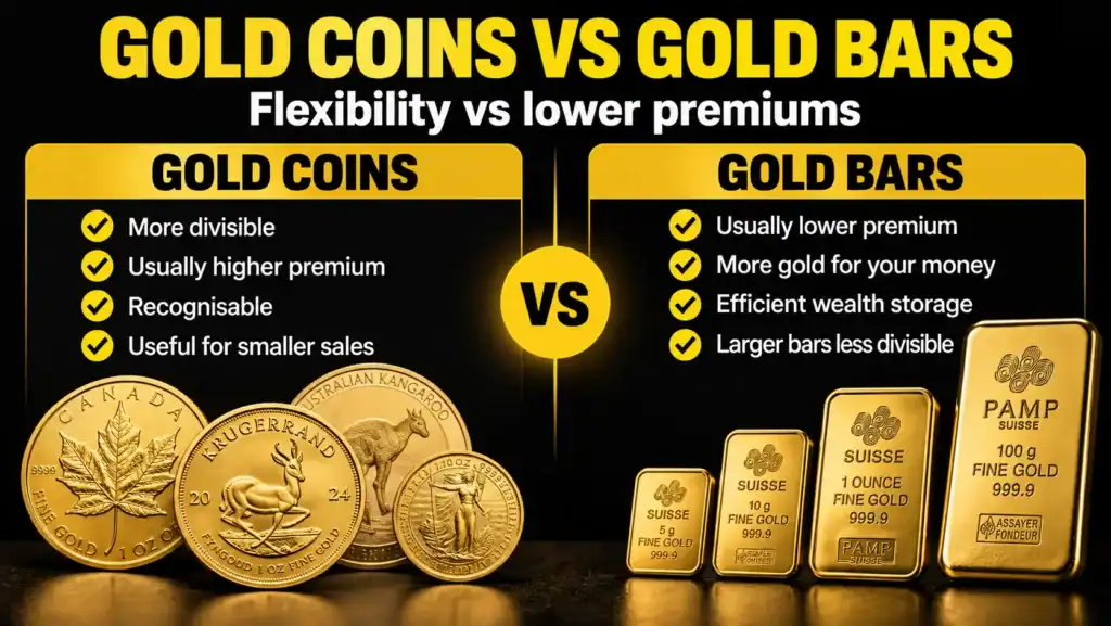 Gold coins vs gold bars comparison showing differences in premiums, divisibility, recognition and wealth storage