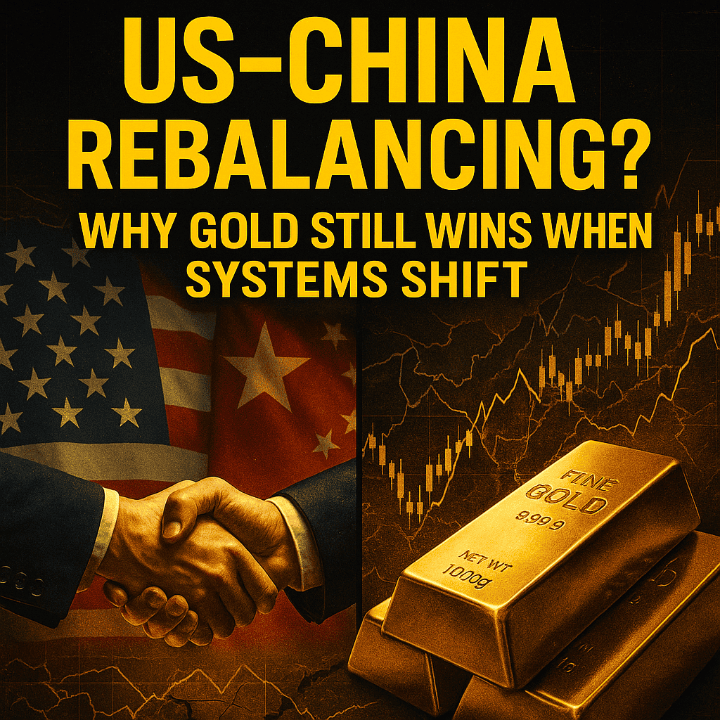 US–China flags and handshake symbolizing trade talks, contrasted with gold bars and a cracked financial map — illustrating economic rebalancing and gold’s role in global reset.