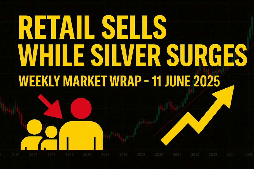 Promotional graphic with bold yellow headline 'Retail Sells While Silver Surges – Weekly Market Wrap 11 June 2025' over a rising silver price chart, featuring red retail icons and a yellow upward arrow symbolizing the silver breakout.