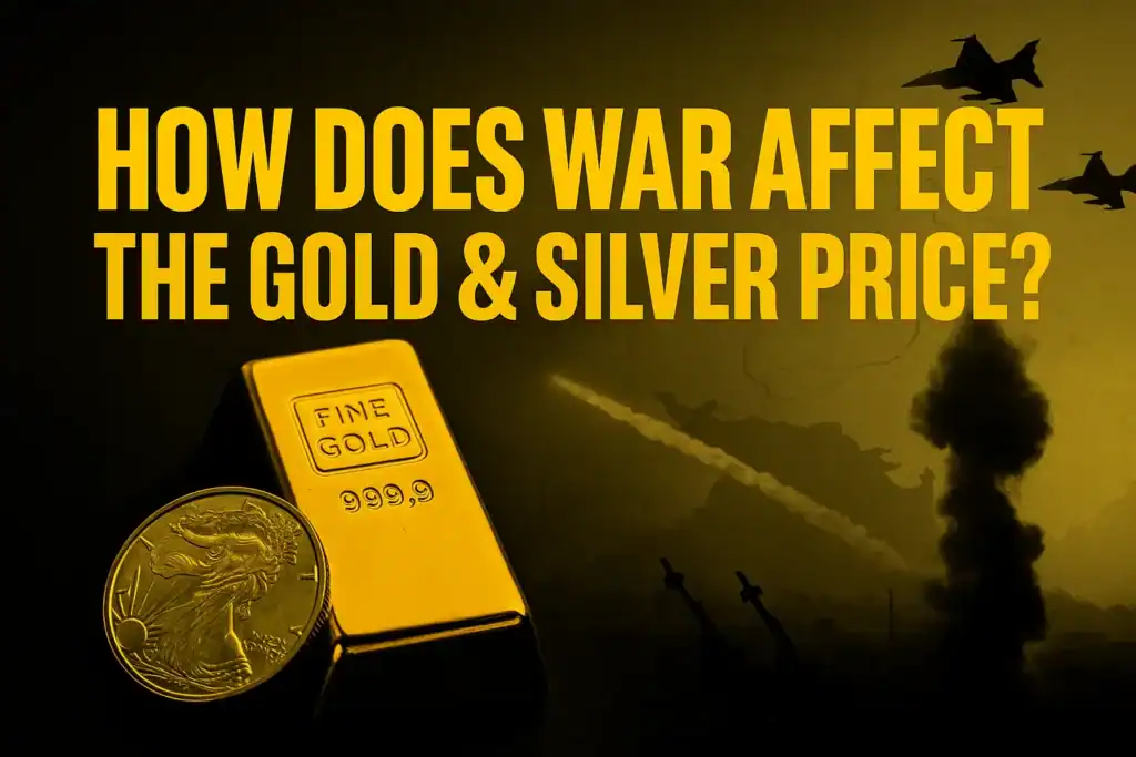 Gold bar and silver coin in foreground with fighter jets, missiles, and smoke in background. Bold yellow text reads: 