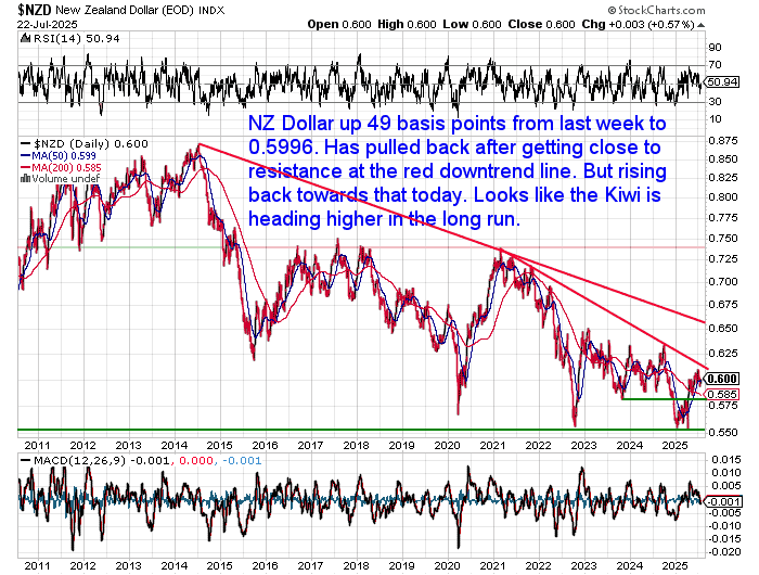 Chart of NZD/USD exchange rate from 2011 to 2025 showing a rebound towards long-term downtrend resistance near 0.6000.