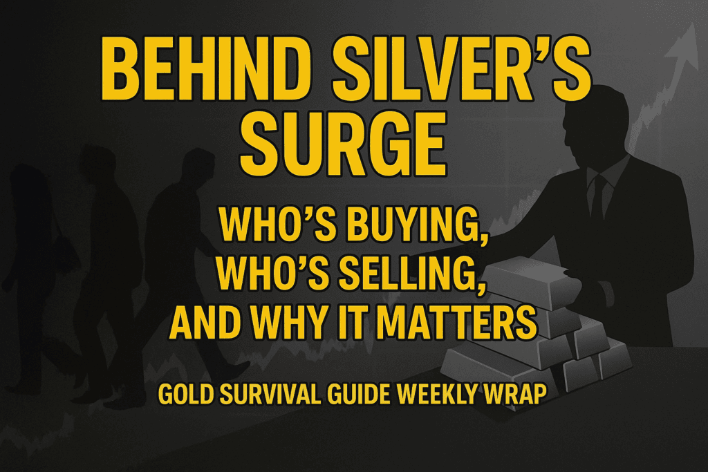 graphic featuring the headline ‘Behind Silver’s Surge’ in bold yellow Impact font, with the subheading ‘Who’s Buying, Who’s Selling, And Why It Matters’ below it. A stylized chart background shows upward and downward price movement, highlighting market dynamics in silver.