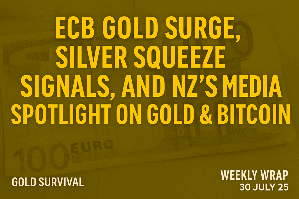 Gold Survival Weekly Wrap dated 30 July 25 with the headline “ECB Gold Surge, Silver Squeeze Signals, and NZ’s Media Spotlight on Gold & Bitcoin.