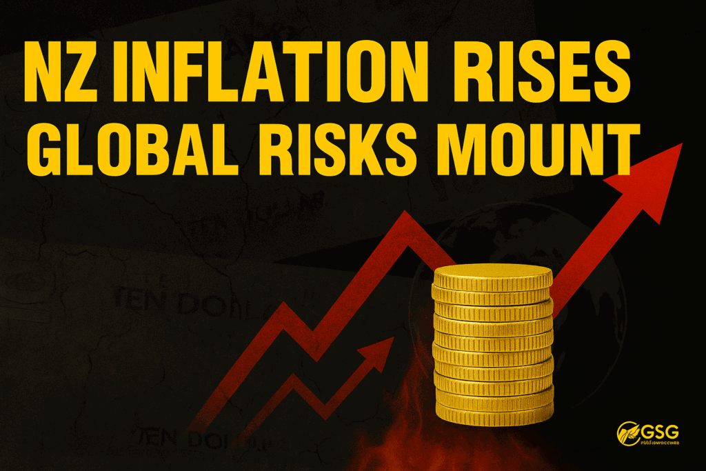 NZ Inflation Rises, Global Risks Mount headline over NZD banknotes with gold coins, red arrows, and a faint globe in the background.