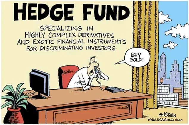 Cartoon showing a hedge fund manager in a large office saying “BUY GOLD!” into the phone, under a sign that says “Hedge Fund – Specializing in highly complex derivatives and exotic financial instruments for discriminating investors.”