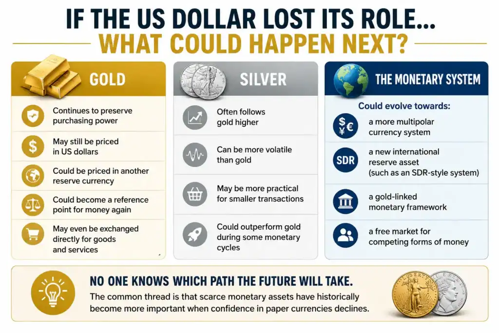 Infographic showing possible outcomes if the US dollar lost its role as the world's dominant reserve currency, including how gold, silver and the international monetary system could respond.