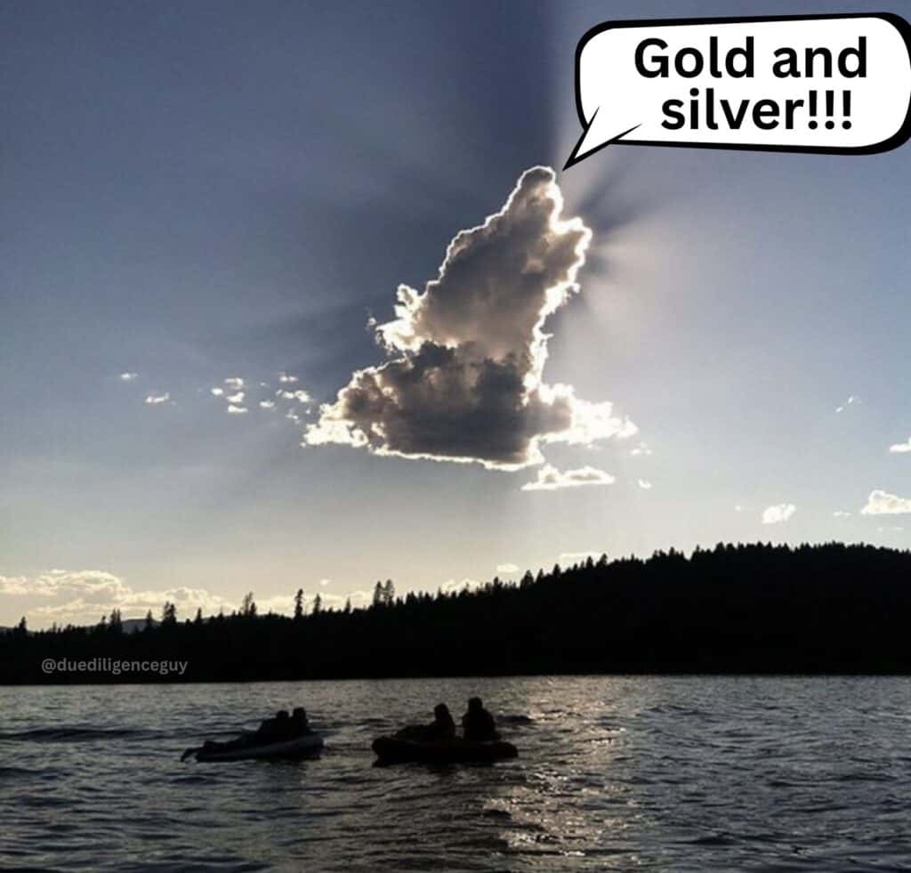 Humorous meme showing a cloud shaped like a howling wolf illuminated by the sun, with a speech bubble saying 'Gold and silver!!!' The caption plays on the phrase 'every cloud has a silver lining'
