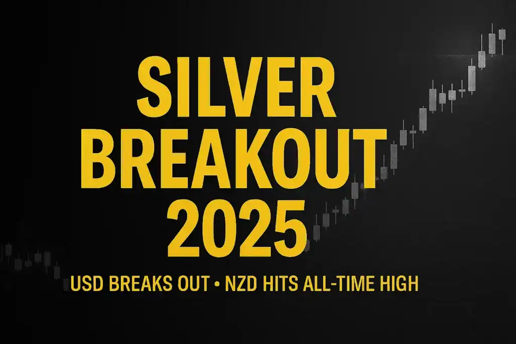 Silver Breakout 2025 promotional graphic with bold gold text over a dark chart background showing an upward candlestick trend and arrow, symbolising rising silver prices in 2025.