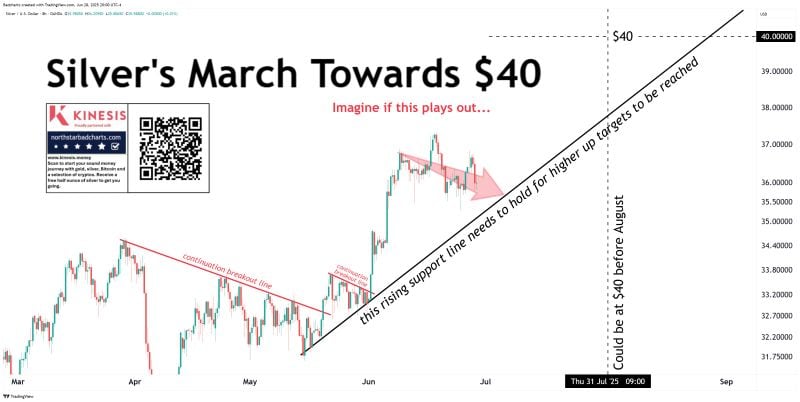 Technical chart titled “Silver’s March Towards $40” shows a bullish breakout with projected target of USD $40 before August 2025, based on rising support and previous resistance lines.
