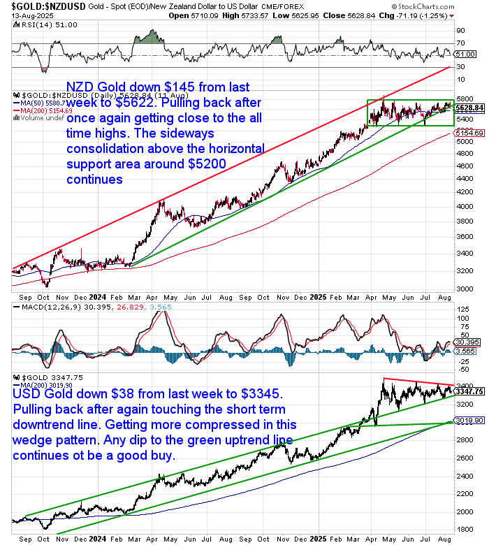 Two-panel chart showing NZD gold down to $5,622, consolidating above $5,200 support within an upward channel. USD gold fell to $3,345, trading in a wedge pattern above its green uptrend line, suggesting dips remain buying opportunities.
