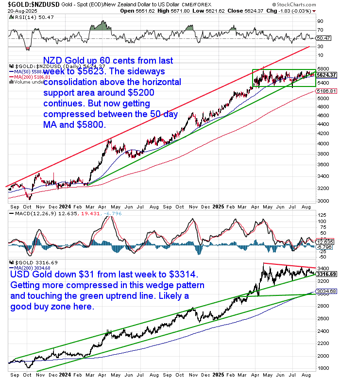 Two panels: top shows NZD gold flat at $5,623 consolidating above $5,200 and compressing between the 50-day moving average and $5,800 resistance; bottom shows USD gold down to $3,314, testing the uptrend line within a wedge pattern.