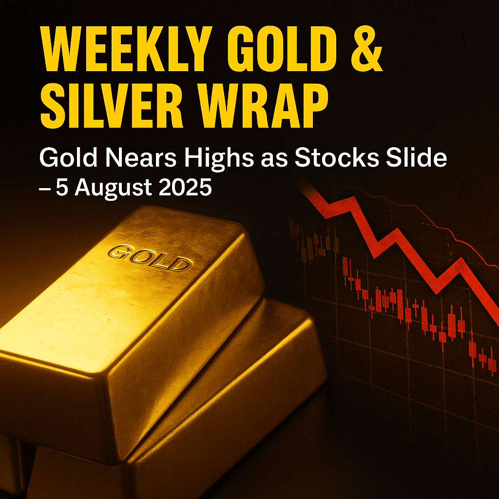 A square digital graphic titled "Weekly Gold & Silver Wrap" dated 5 August 2025. The left side shows two stacked, glowing gold bars against a matte black background. The right side displays a jagged red downward-trending stock market chart, symbolizing market volatility. The bold yellow headline "WEEKLY GOLD & SILVER WRAP" is in all caps, with a white subheading below: "Gold Nears Highs as Stocks Slide – 5 August 2025." The design creates a strong visual contrast between gold's stability and stock market instability.