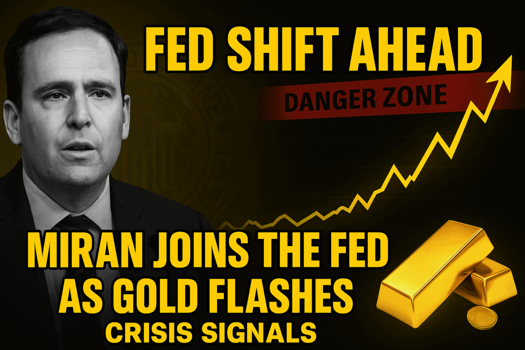 Black and gold-themed digital graphic featuring the headline “STEPHEN MIRAN’S FED NOMINATION” in bold yellow Impact font with black outline, and the subheading “Gold’s Historic Crisis Warnings” in white Impact font. Left side shows a portrait-style silhouette of Stephen Miran against a stylized Federal Reserve seal. Right side features a gold bar, gold coins, and a rising gold price chart, symbolizing gold’s role as a crisis hedge.
