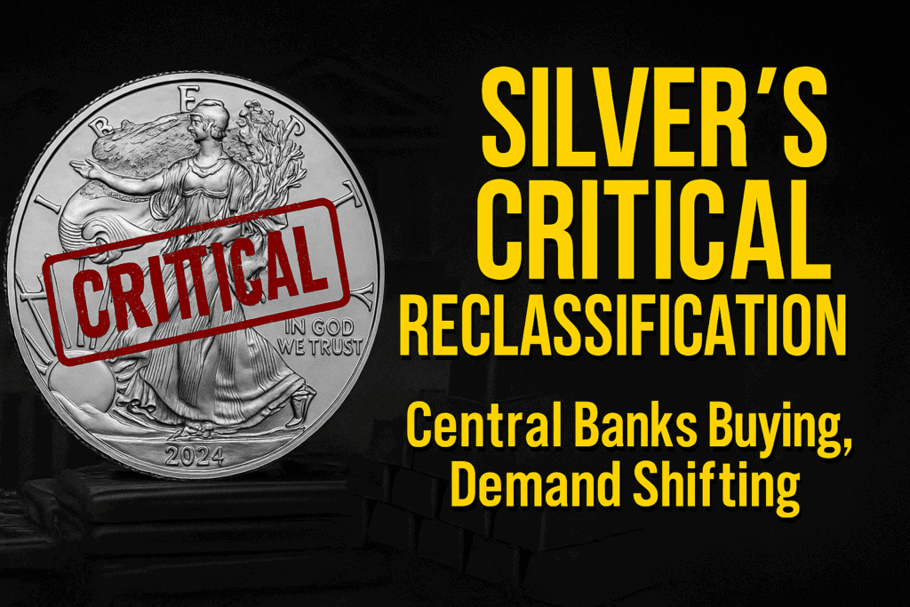 Silver coin with bold red “CRITICAL” stamp across it, symbolising silver’s reclassification as a critical mineral. Background includes silver bars and classical bank pillars, with headline text “Silver’s Critical Reclassification — Central Banks Buying, Demand Shifting.