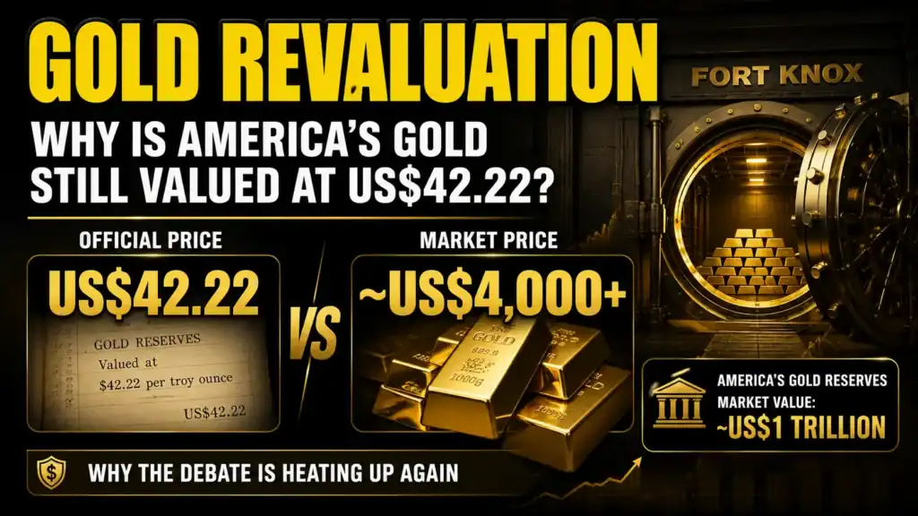 Featured image for a gold revaluation article showing the difference between the U.S. Treasury's official gold valuation of US$42.22 per ounce and the current market price of around US$4,000 per ounce, alongside a Fort Knox vault and gold bars.