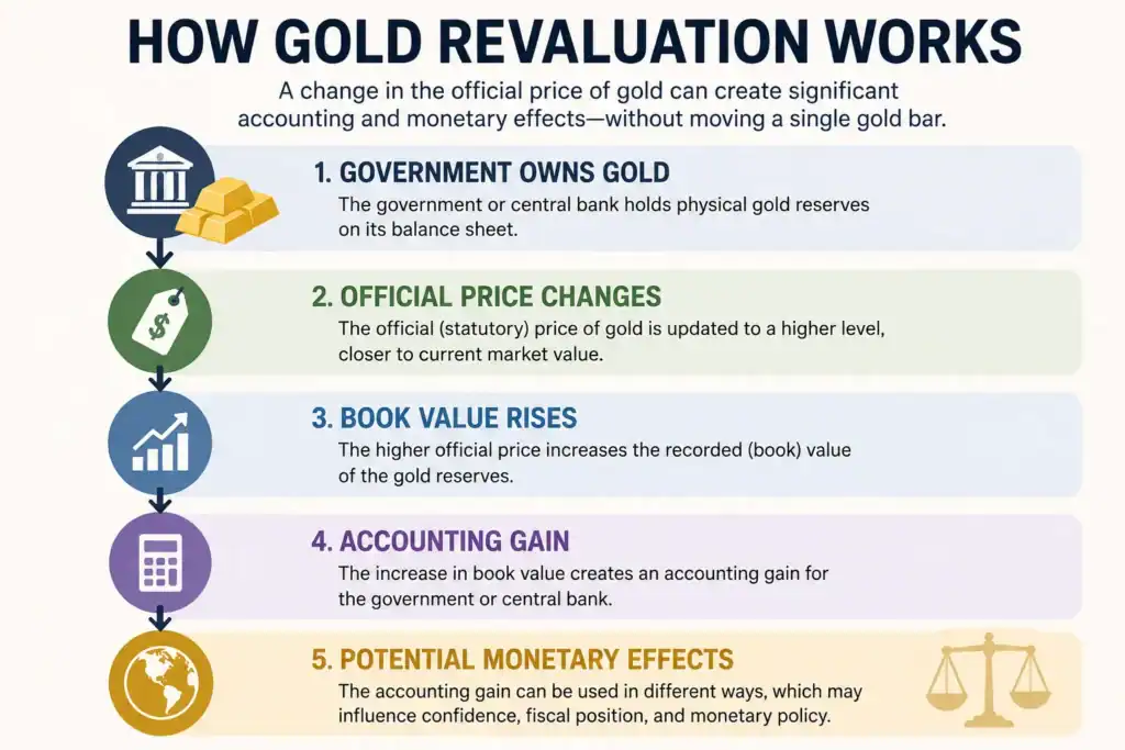 Infographic explaining how gold revaluation works, showing how changing the official price of government gold reserves increases their book value, creates an accounting gain, and can influence monetary policy.