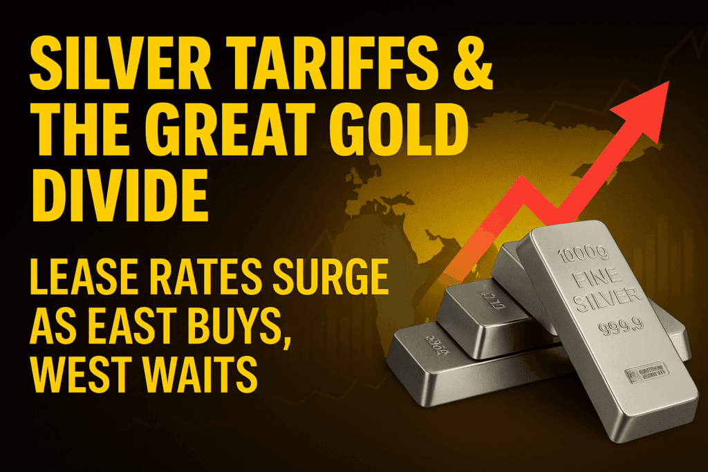 Featured image for Gold Survival Guide Weekly Wrap (10 Sept 2025) with the headline "Silver Tariffs, Surging Lease Rates & The Great Gold Divide" in bold gold Impact font on a black background. The design includes stacked silver bars and a rising line graph motif, representing tightening silver supply and growing gold demand.