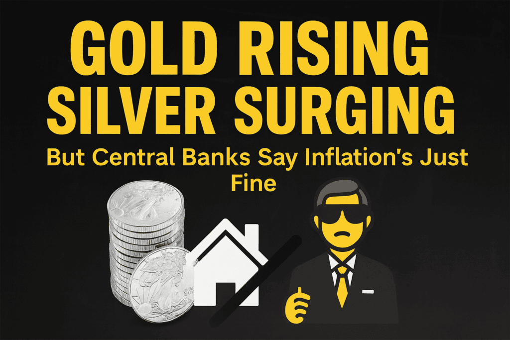 Gold Rising, Silver Surging – But Central Banks Say Inflation’s Just Fine' against a black background. The graphic includes a stack of silver coins, a white house icon, a black diagonal ratio line, and a cartoon central banker figure wearing dark glasses and a suit. The design reflects rising precious metals prices amid central bank inflation commentary