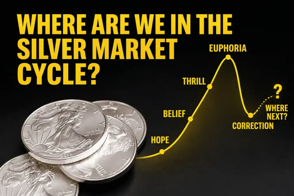 Where are we in the silver market cycle, showing euphoria followed by a major correction