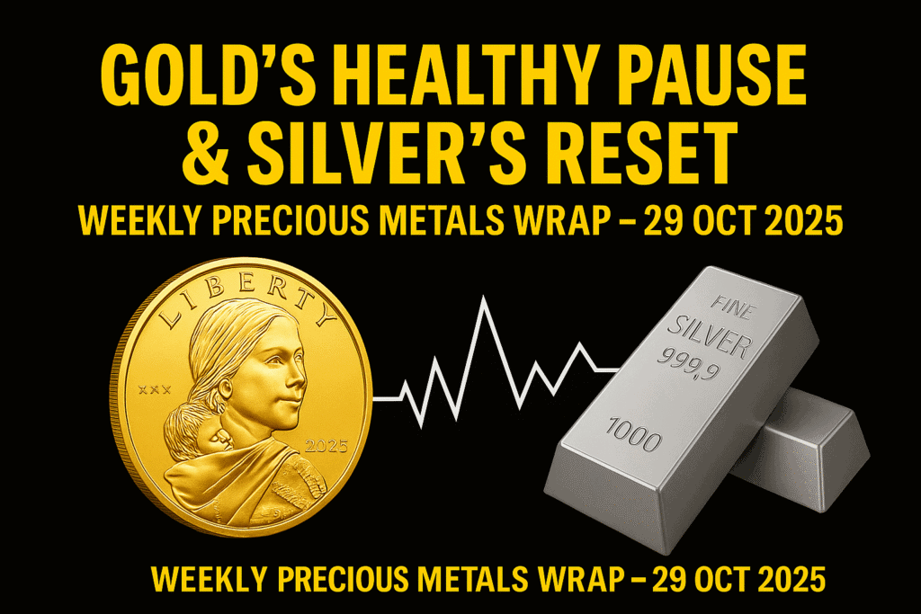 promotional graphic for Gold Survival Guide featuring the headline “Gold’s Healthy Pause & Silver’s Reset – Weekly Precious Metals Wrap, 29 Oct 2025.” The design has a black background with bold yellow text, a gold coin illustration on the left, a silver bull on the right, and the Gold Survival Guide logo centered at the bottom.