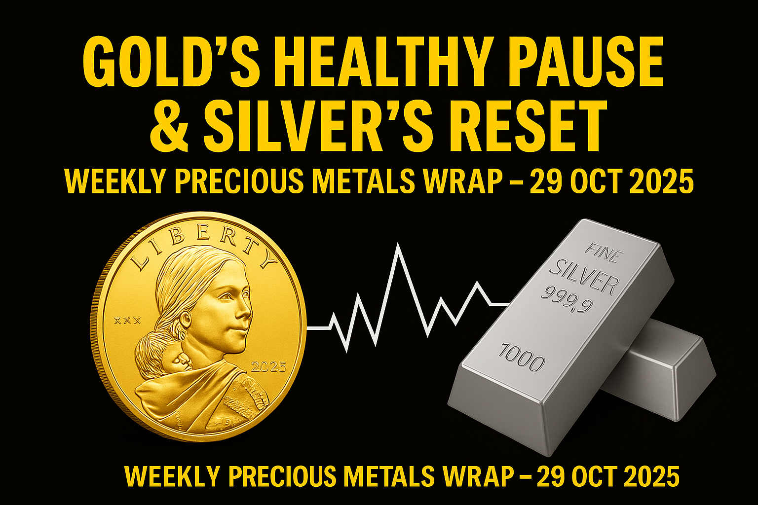 promotional graphic for Gold Survival Guide featuring the headline “Gold’s Healthy Pause & Silver’s Reset – Weekly Precious Metals Wrap, 29 Oct 2025.” The design has a black background with bold yellow text, a gold coin illustration on the left, a silver bull on the right, and the Gold Survival Guide logo centered at the bottom.