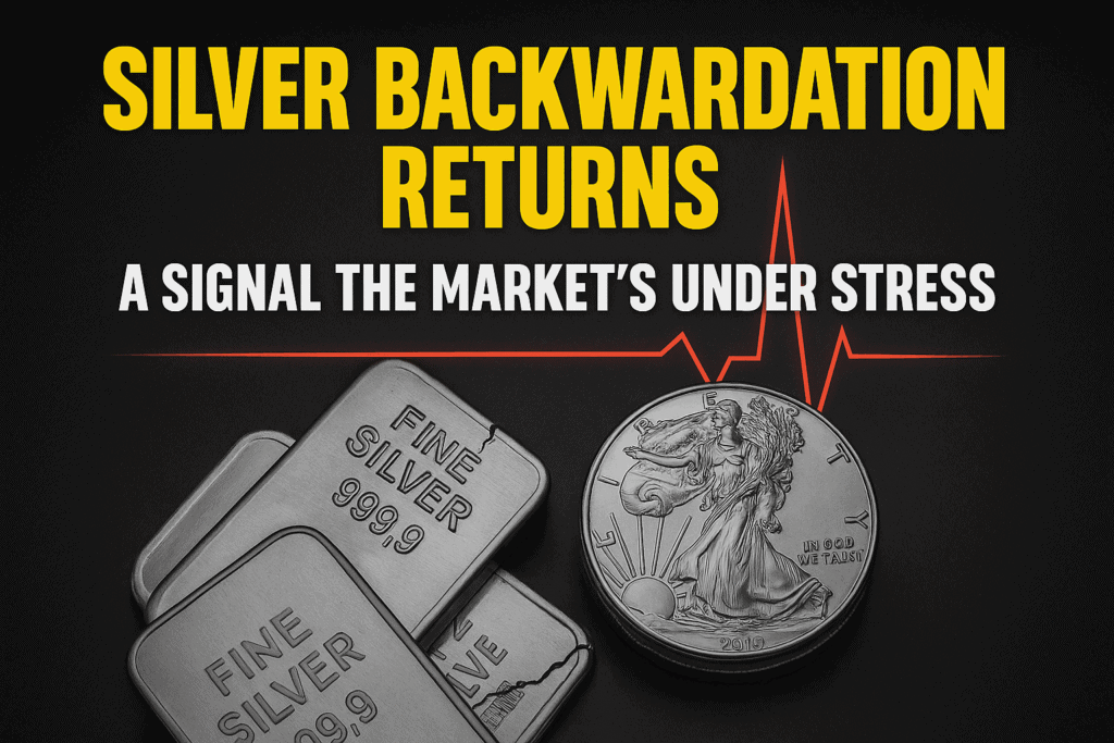 Silver bullion bars and a silver coin on a dark background with a red heartbeat line, symbolising market stress. Text reads “Silver Backwardation Returns – A Signal The Market’s Under Stress.” Gold Survival Guide branding style.