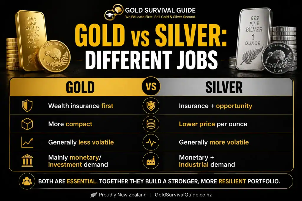 Gold vs silver comparison showing their different roles in wealth protection and investing