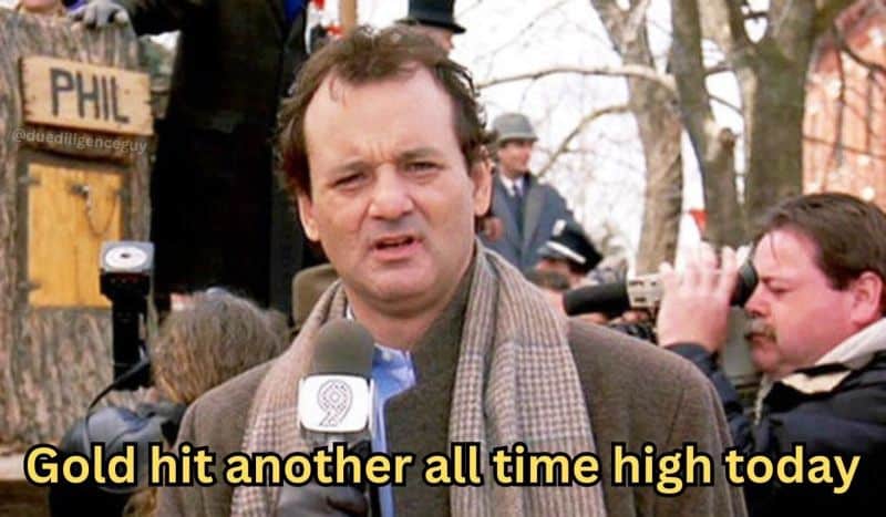Meme of Bill Murray from the movie Groundhog Day holding a microphone, with the caption “Gold hit another all-time high today.” Used to illustrate the repetitive pattern of gold repeatedly reaching new highs during its ongoing bull market.