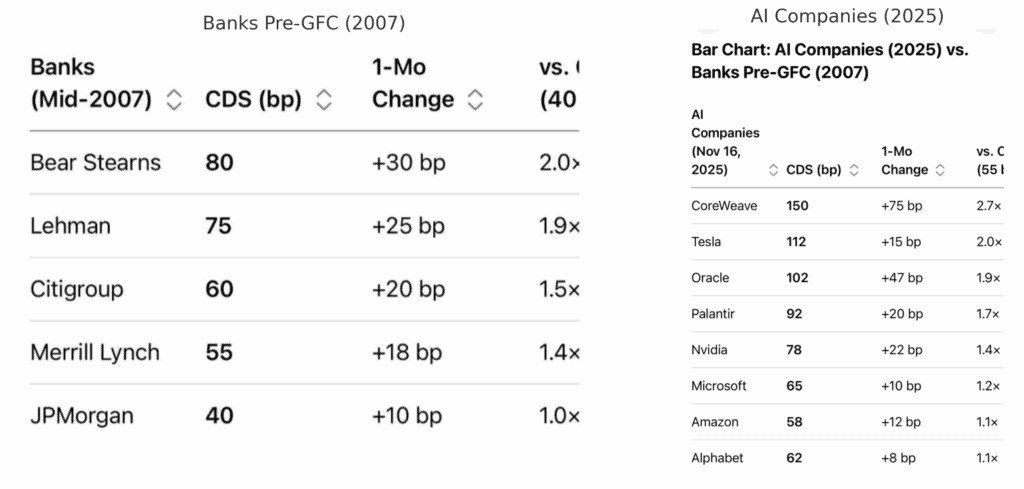 Chart 1: Table comparing CDS (credit default swap) spreads for major US banks in mid-2007, showing Bear Stearns at 80bps, Lehman at 75bps, Citigroup at 60bps, and so on—just before the 2008 financial crisis. Chart 2: Table comparing CDS spreads for major AI companies in Nov 2025, including CoreWeave at 150bps, Oracle at 102bps, Tesla at 112bps, with much larger 1-month changes than the 2007 banks—suggesting rising stress.