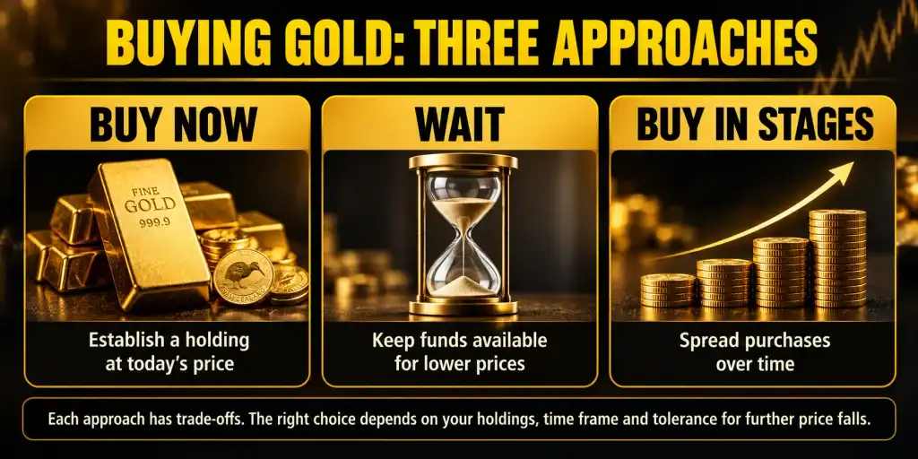 Infographic comparing three approaches to buying gold: buy now, wait for lower prices, or buy in stages over time.