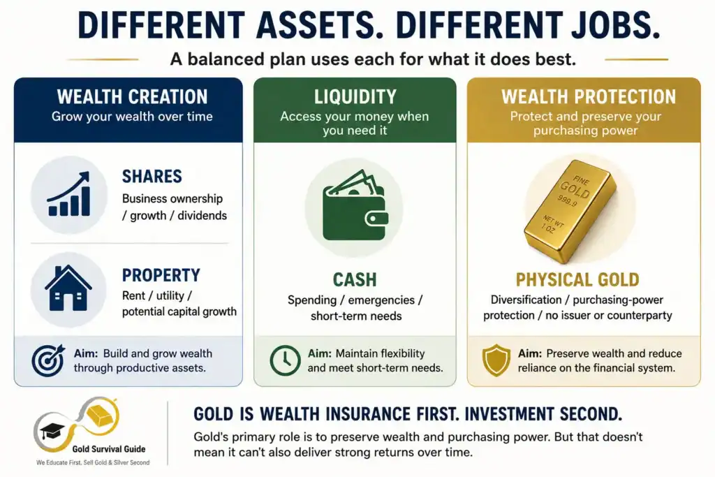Different assets have different jobs: shares and property for wealth creation, cash for liquidity, and physical gold for wealth protection.