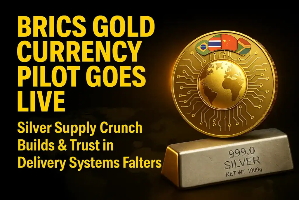 Promotional graphic for Gold Survival Guide Weekly Wrap featuring the headline 'BRICS GOLD CURRENCY PILOT GOES LIVE' and subheading 'Silver Supply Crunch Builds & Trust in Delivery Systems Falters'. Set on a black and gold background with financial-themed imagery and upward-trending chart lines.