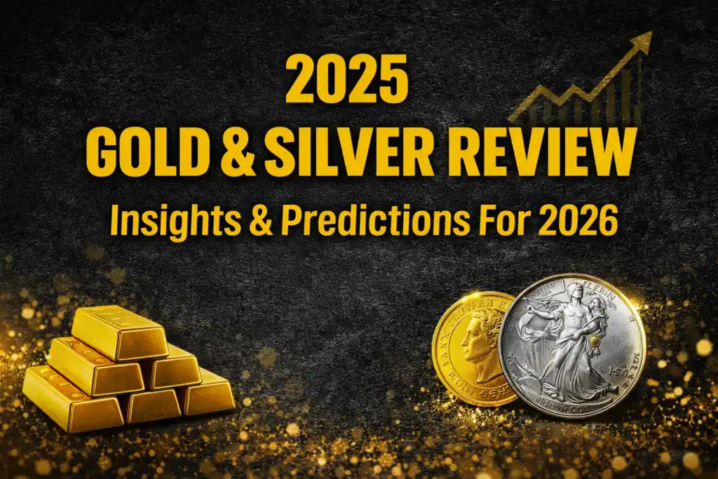 Featured image for article titled '2025 Gold & Silver Review: Insights & Predictions for 2026' with black background, gold line chart, and bold yellow text in Impact font styled in GSG brand colours.