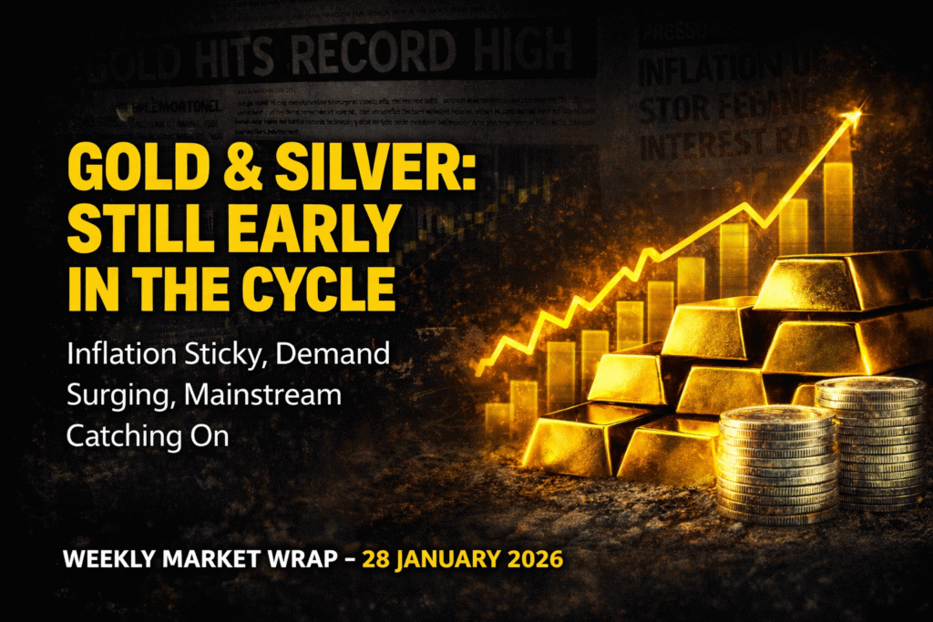 Image featuring bold gold text: “Gold & Silver: Still Early in the Cycle” with subheading “Inflation Sticky, Demand Surging, Mainstream Catching On.” The background shows a glowing upward-trending chart, stacked gold bars, and silver coins, set on a textured black and gold backdrop. The date “28 January 2026” and the Sovereign Store logo appear at the bottom.