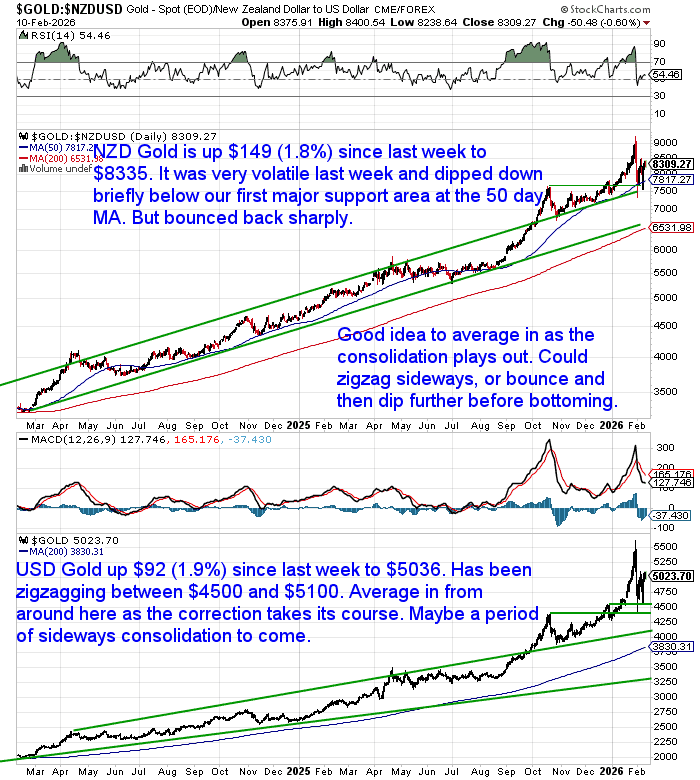 Daily charts of NZD gold and USD gold showing recent volatility, support at the 50-day moving average, and consolidation within a broader upward trend