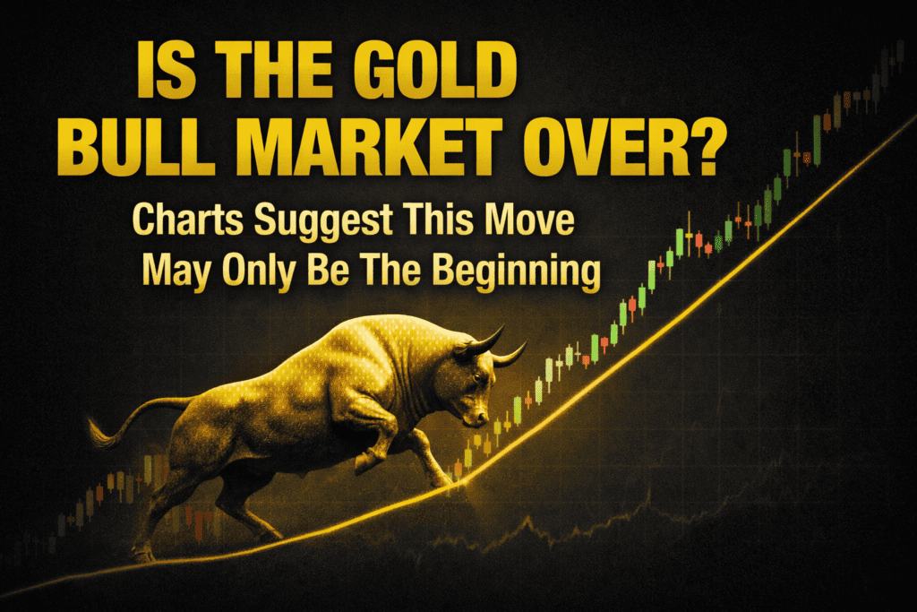 Gold bull market themed featured image showing a metallic gold bull walking up a rising gold trendline with green and red candlestick chart in the background, headline text asking if the gold bull market is over and subheading suggesting the move may only be the beginning.