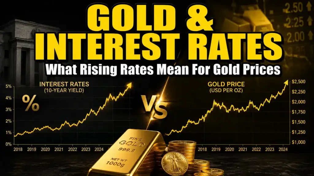 Featured image showing rising interest rates and gold price charts side by side with gold bars and coins, illustrating the relationship between gold prices and rising interest rates.