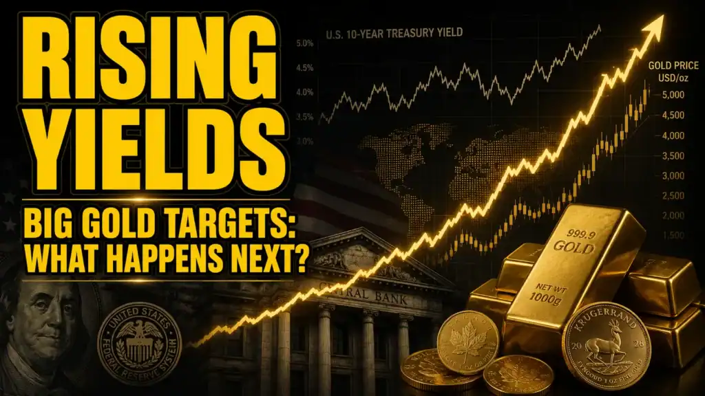 Featured image showing rising US Treasury yields alongside a strong upward gold price trend, with central bank imagery, gold bullion and coins highlighting growing institutional gold targets and monetary uncertainty.