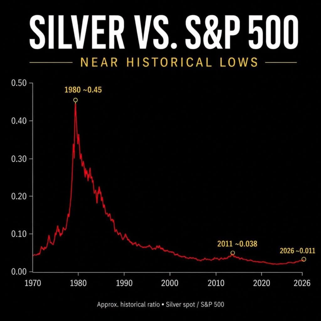 Long-term chart comparing silver prices to the S&P 500 index from 1970 to 2026. The silver-to-S&P ratio remains near historical lows around 0.011, far below the peaks reached during the 1980 precious metals bull market.