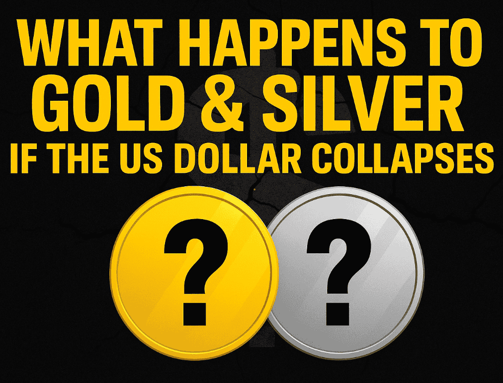 Blank gold and silver coins with question marks, illustrating uncertainty about how gold and silver will be priced if the US dollar collapses