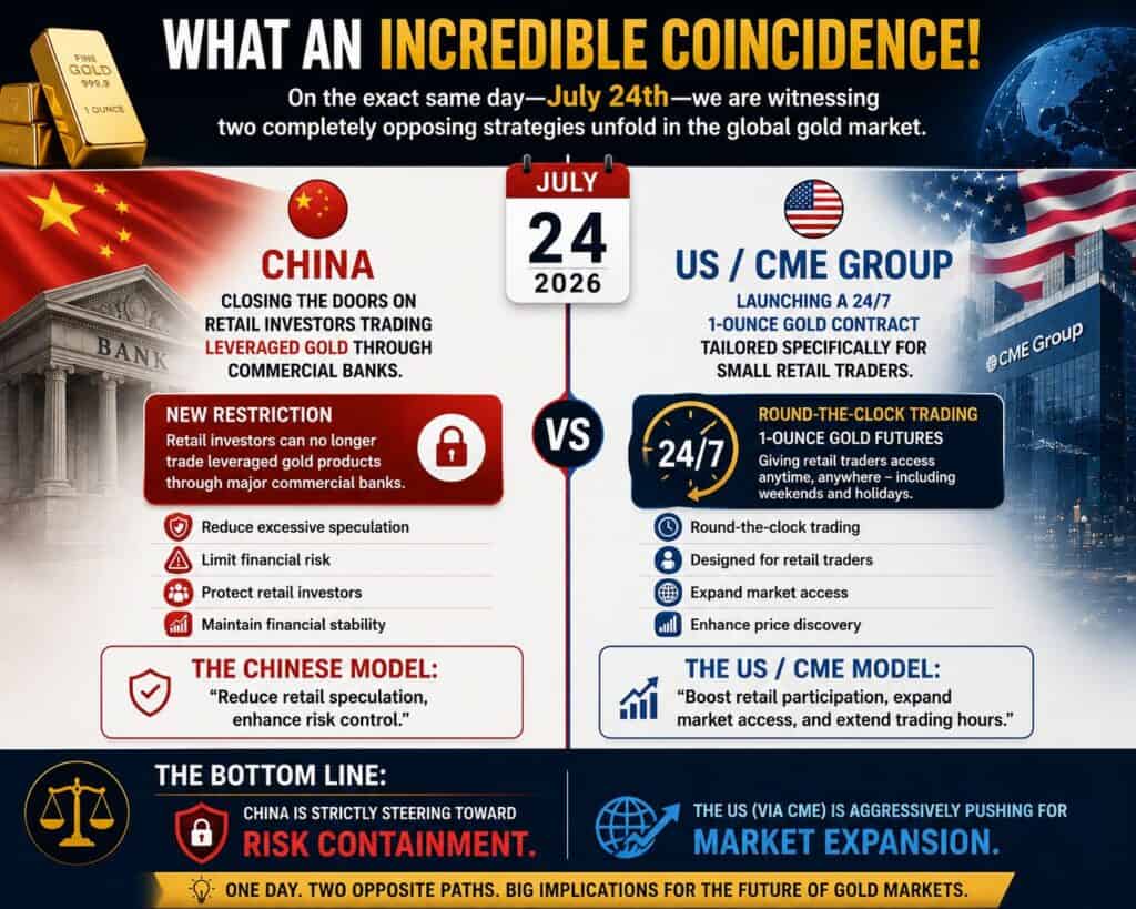 Infographic comparing China's restrictions on leveraged retail gold trading with the CME Group's launch of a 24/7 one-ounce gold futures contract for retail traders in July 2026.