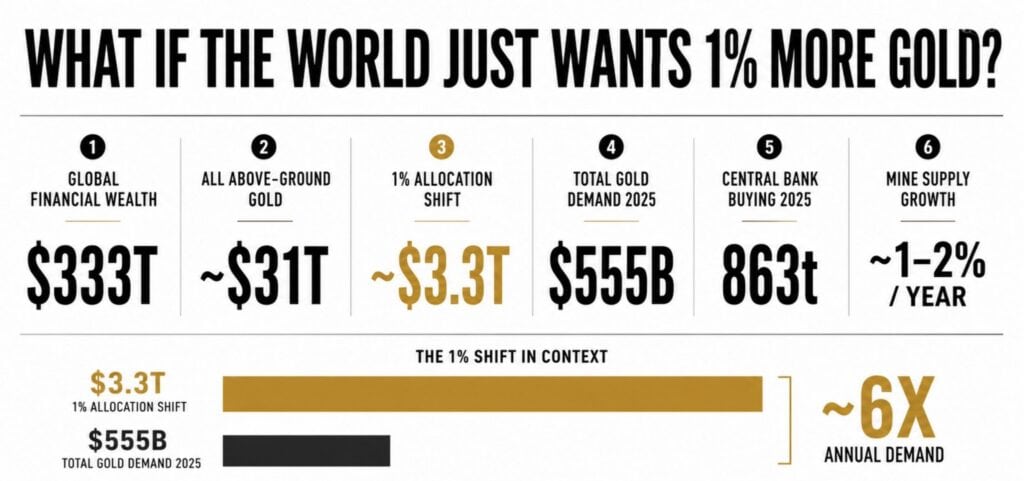 Comparison showing how a 1% increase in global wealth allocated to gold could create demand far greater than annual gold mine supply.