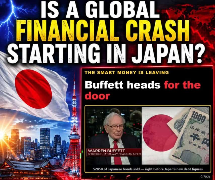 Graphic asking whether a global financial crash is starting in Japan, featuring the Japanese flag, Tokyo skyline, Warren Buffett and Japanese yen banknotes.